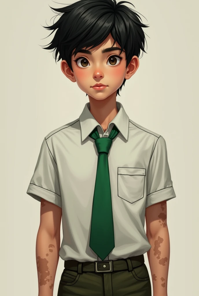 A boy with oval face shape;almond eyes dark brown eyes; black hair ;tilted eye brow; sharp jawline; wearing half sleeve shirt with green tie and skin color paint; with a belt skin color is fair broad shoulders and big arms