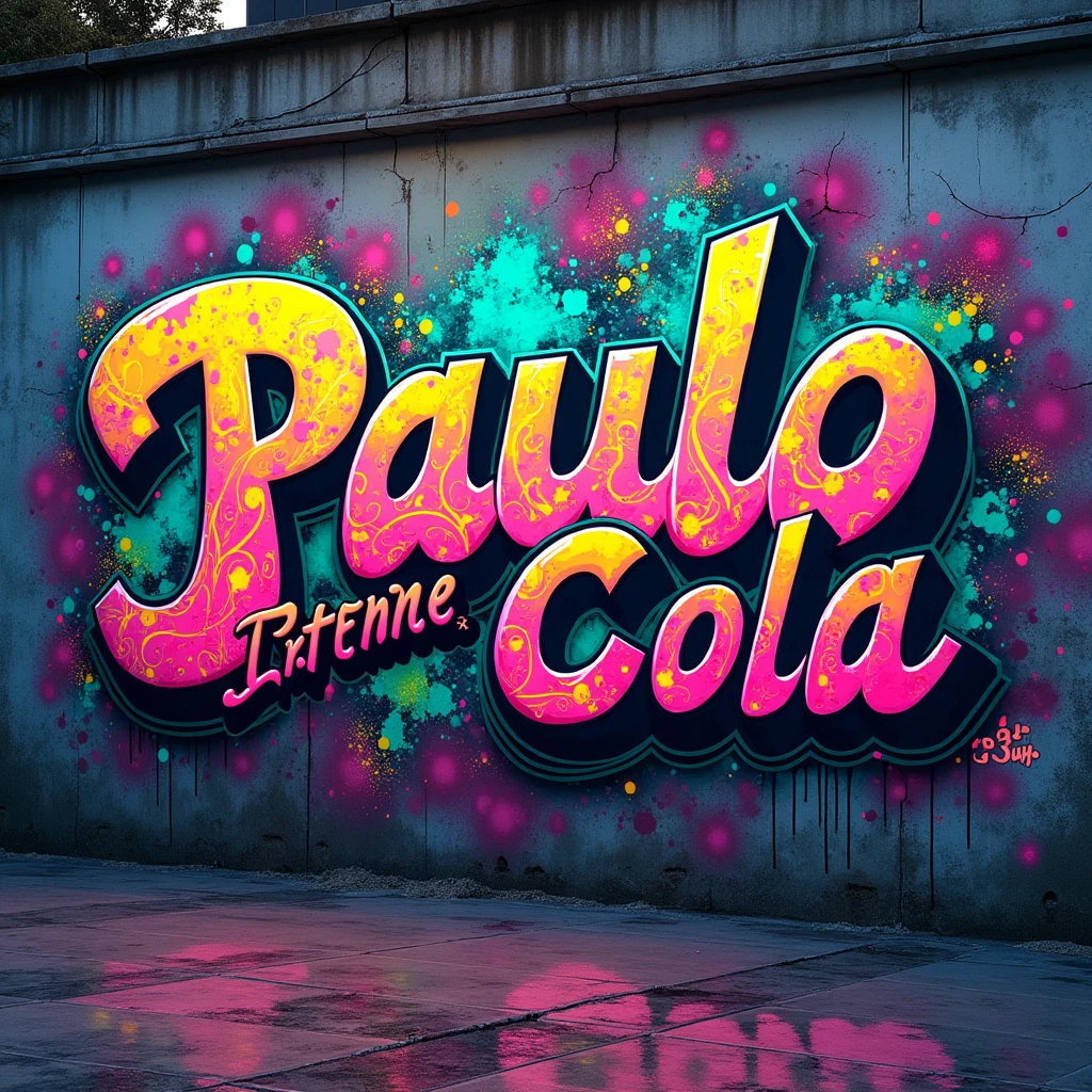 Create an image of the name “Paulo Cola” and the number "23", drawn on a wall. Graffiti style. Fluorescent colors.