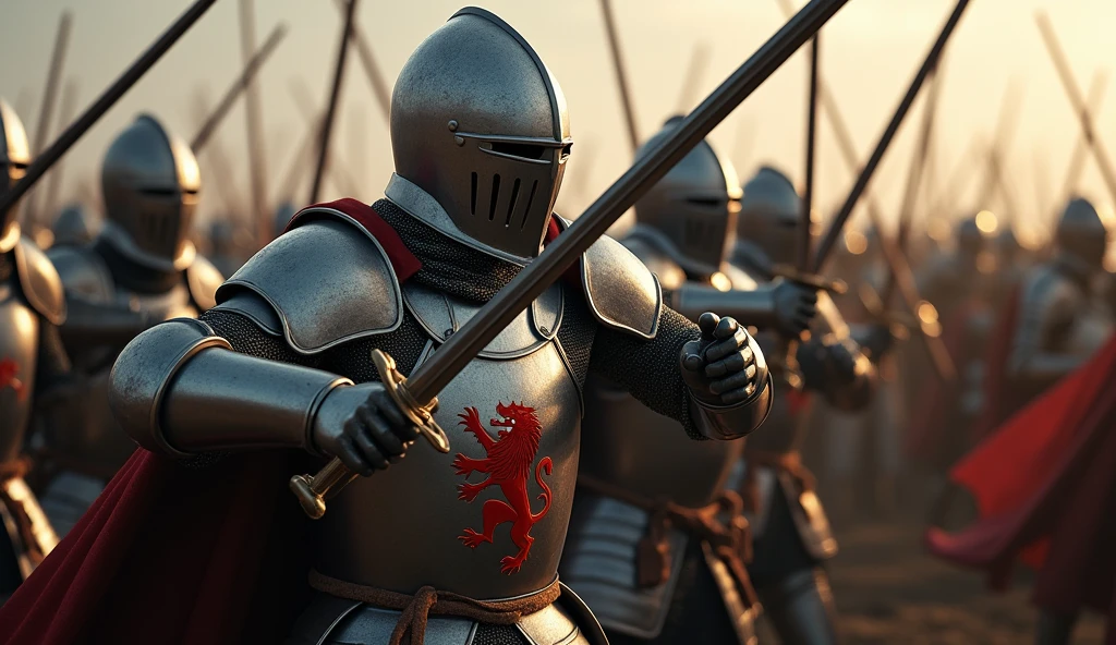 A highly realistic, high-contrast, 8K HD, detailed, hyper-detailed image of medieval knights fighting together on the battlefield. The knights, clad in steel armor with lion emblems on their tunics and helmets fully covering their faces, stand shoulder to shoulder as they engage in fierce combat with their enemies. Each knight swings his sword with precision and strength, supporting his comrades in the heat of battle. The atmosphere is intense and filled with the camaraderie and unity of the knights as they fight together against overwhelming odds. The image is of the highest quality, with ultra-high resolution, RAW photo quality, and Unreal Engine rendering, capturing the bond and determination of these warriors as they fight side by side, with the lion emblem proudly displayed on their armor.