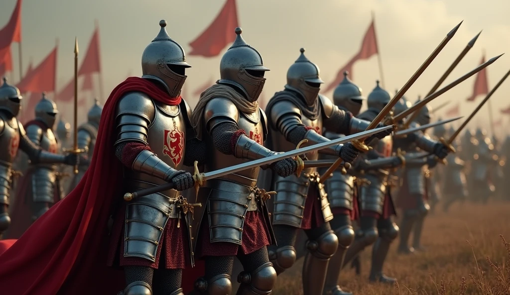 A highly realistic, high-contrast, 8K HD, detailed, hyper-detailed image of medieval knights fighting together on the battlefield. The knights, clad in steel armor with lion emblems on their tunics and helmets fully covering their faces, stand shoulder to shoulder as they engage in fierce combat with their enemies. Each knight swings his sword with precision and strength, supporting his comrades in the heat of battle. The atmosphere is intense and filled with the camaraderie and unity of the knights as they fight together against overwhelming odds. The image is of the highest quality, with ultra-high resolution, RAW photo quality, and Unreal Engine rendering, capturing the bond and determination of these warriors as they fight side by side, with the lion emblem proudly displayed on their armor.