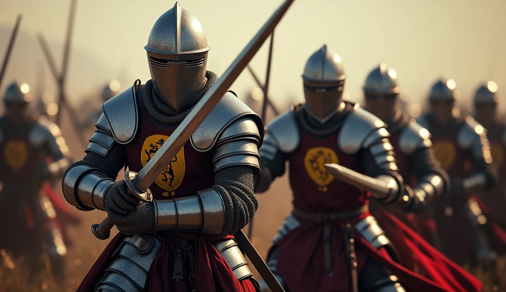 A highly realistic, high-contrast, 8K HD, detailed, hyper-detailed image of medieval knights fighting together on the battlefield. The knights, clad in steel armor with lion emblems on their tunics and helmets fully covering their faces, stand shoulder to shoulder as they engage in fierce combat with their enemies. Each knight swings his sword with precision and strength, supporting his comrades in the heat of battle. The atmosphere is intense and filled with the camaraderie and unity of the knights as they fight together against overwhelming odds. The image is of the highest quality, with ultra-high resolution, RAW photo quality, and Unreal Engine rendering, capturing the bond and determination of these warriors as they fight side by side, with the lion emblem proudly displayed on their armor.