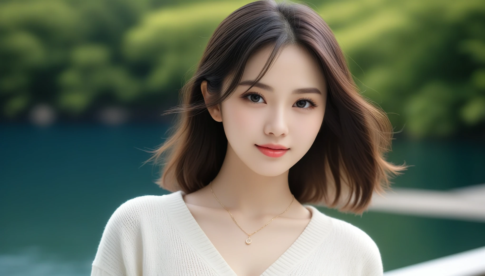 8k, Ultra-high resolution, Highest quality, masterpiece, 三分割法によるphotograph,Surreal, photograph, 1 Girl, (:1.3), pretty girl, Cute Face, 細部までBeautiful Eyes, 細かくdetailedに,masterpiece,One Girl:1.2,Japanese women,Young Wife,upper body,smile,Black hair,Wavy bob,(White summer knitwear:1.3),necklace,wood々Inside,Lakeside,Summer sunshine,wood漏れ日,(Beautiful attention to detail),Subtle details, detailedな顔, smile,attractive,(のポートレートphotograph:1.4),(Photorealistic images:1.4),Fantasy art,(Beautiful Face:1.4),美しくattractive目、Beautiful Eyes、(Tight waist:1.4)、(Beautiful with perfect body proportions:1.4),Pink Lips,Looking at the audience,(((Ideal body type))),A-cup small breasts :2,、Portraiture:2、Perfect Anatomy、鮮明なdetailed、detailed,Fashion magazine cover,Thin lips,完璧でBeautiful Face ,完璧でCute Face, Skin with attention to detail, Perfect limbs、Narrow waist,Surreal,Light and shadow,dappled sunlight