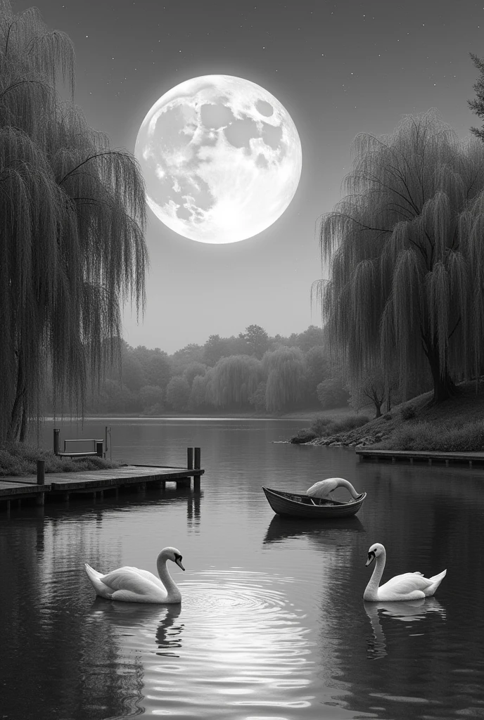 Serene moonlit lake with reflections of the surrounding nature, black and white, line art, tranquil, nighttime, moonlight, stillness ::1.3 rowboat, swans, lakeside dock, weeping willows, starry sky --ar 16:9