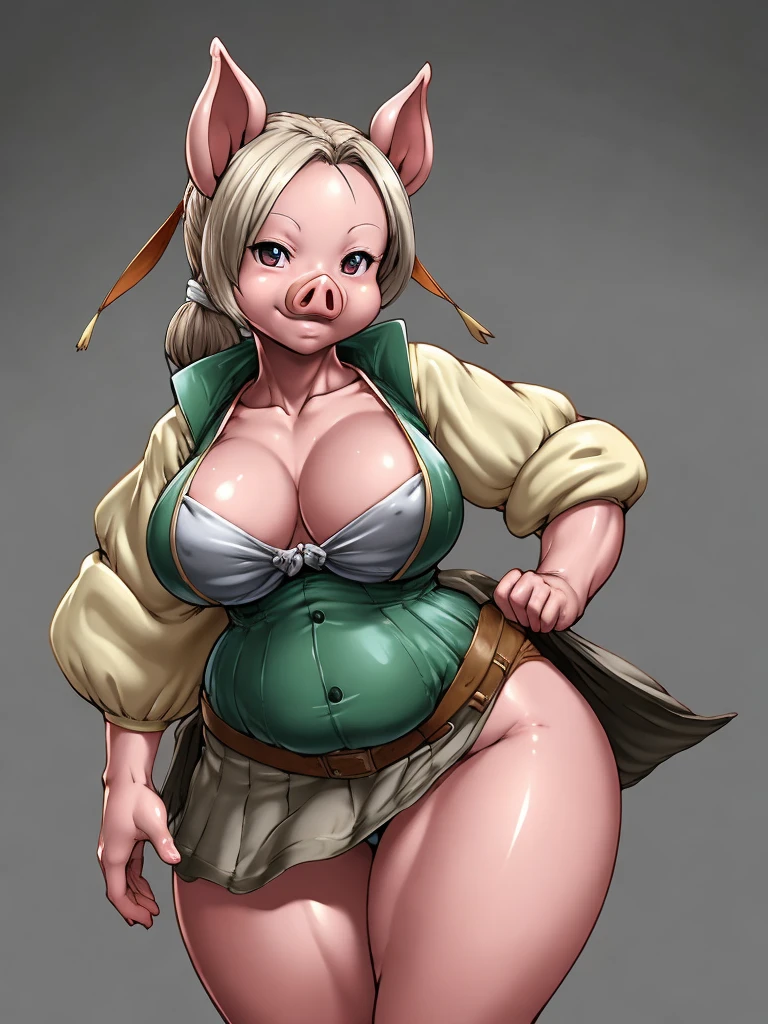 ((pig)), furry female anthro,pig girl,HD,sharp,beautiful and detailed,woman ((anthro)),1girl,Milf, mature woman,pink skin,fat girl,(look at viewer) ,by dr comet,by pochincoff, by jlullaby,by kingbang,by obui,by ZeroQrisu,by sparrow,by gmeen,farmer, farmer outfit,standing,((simple background)),(gray background,)
