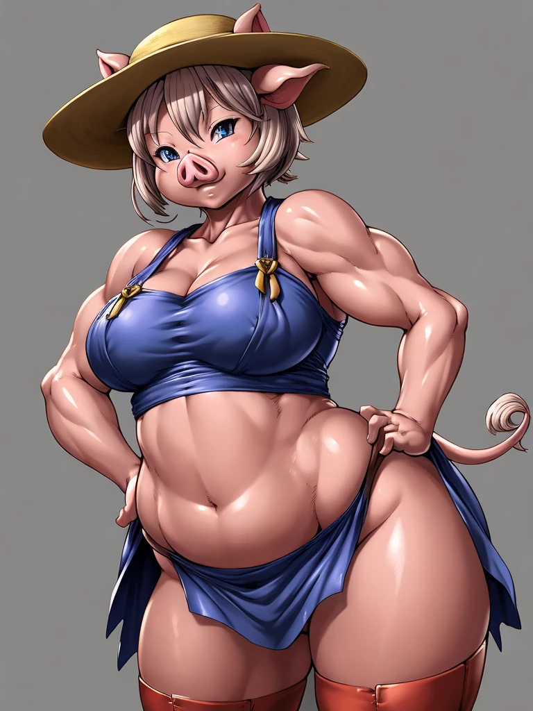 ((pig)), furry female anthro,pig girl,HD,sharp,beautiful and detailed,woman ((anthro)),1girl,Milf, mature woman,pink skin,fat girl,(look at viewer) ,by dr comet,by pochincoff, by jlullaby,by kingbang,by obui,by ZeroQrisu,by sparrow,by gmeen,farmer, farmer outfit,standing,((simple background)),(gray background,)