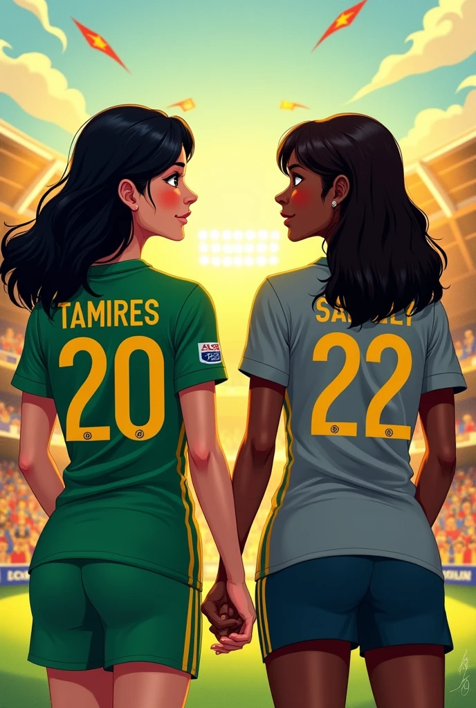 Illustration of two women holding hands with their backs to the image wearing football team jerseys. one with white skin,Bblack hair, smooth and shorter a little below the shoulder, and with the green shirt with number 20 on the back written TAMIRES. And the other with brown skin, straight and long hair, a little taller and wearing a gray shirt with the number 22 with SAMILLY written on it