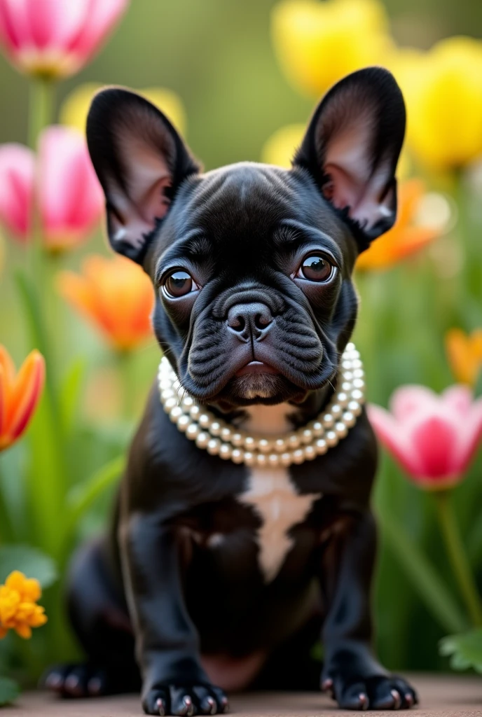 Black female French Bulldog with a pearl necklace