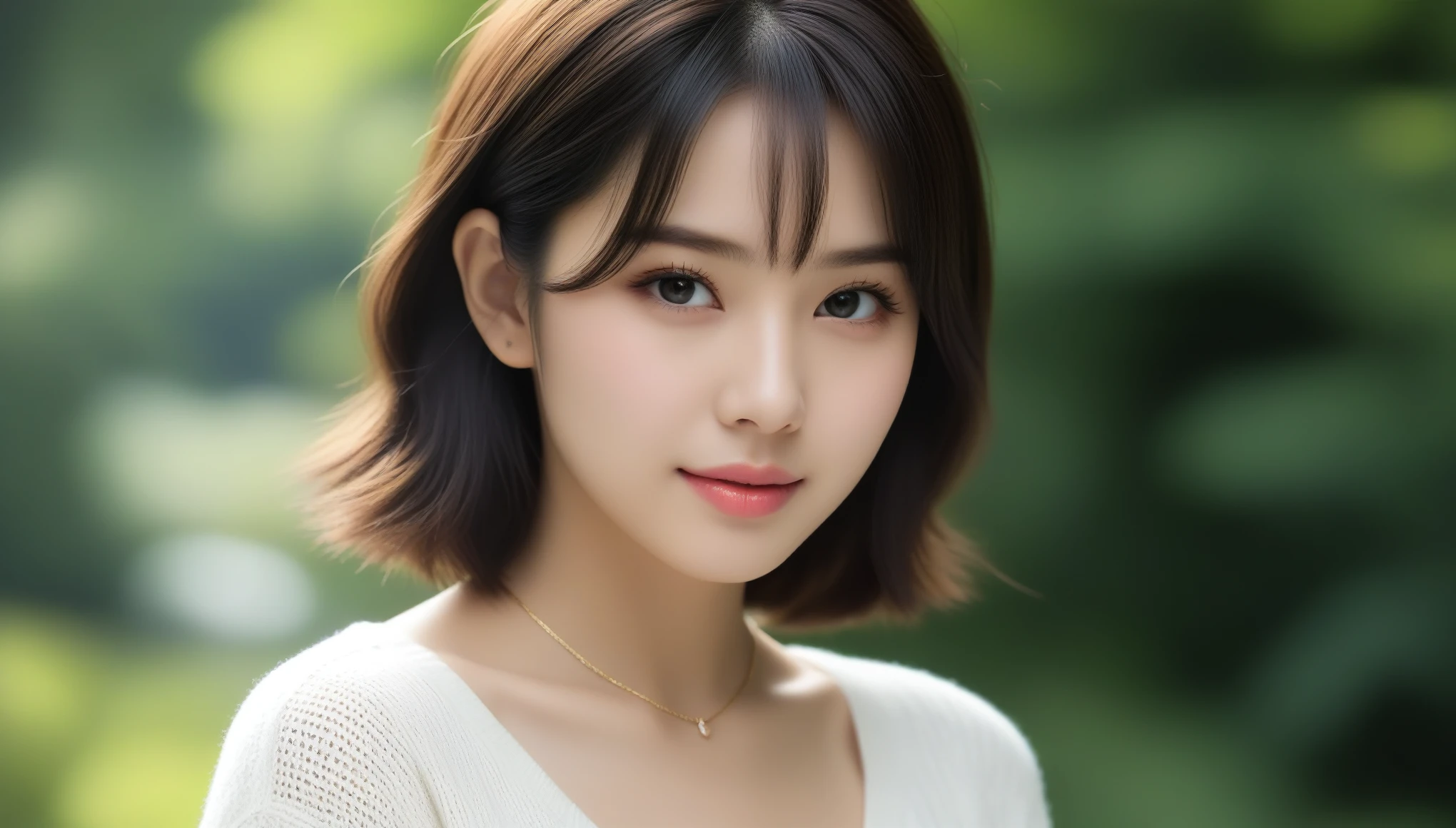 8k, Ultra-high resolution, Highest quality, masterpiece, 三分割法によるphotograph,Surreal, photograph, 1 Girl, (:1.3), pretty girl, Cute Face, 細部までBeautiful Eyes, 細かくdetailedに,masterpiece,One Girl:1.2,Japanese women,Young Wife,upper body,smile,Black hair,Wavy bob,(White summer knitwear:1.3),necklace,wood々Inside,Lakeside,Summer sunshine,wood漏れ日,(Beautiful attention to detail),Subtle details, detailedな顔, smile,attractive,(のポートレートphotograph:1.4),(Photorealistic images:1.4),Fantasy art,(Beautiful Face:1.4),美しくattractive目、Beautiful Eyes、(Tight waist:1.4)、(Beautiful with perfect body proportions:1.4),Pink Lips,Looking at the audience,(((Ideal body type))),A-cup small breasts :2,、Portraiture:2、Perfect Anatomy、鮮明なdetailed、detailed,Fashion magazine cover,Thin lips,完璧でBeautiful Face ,完璧でCute Face, Skin with attention to detail, Perfect limbs、Narrow waist,Surreal,Light and shadow,dappled sunlight