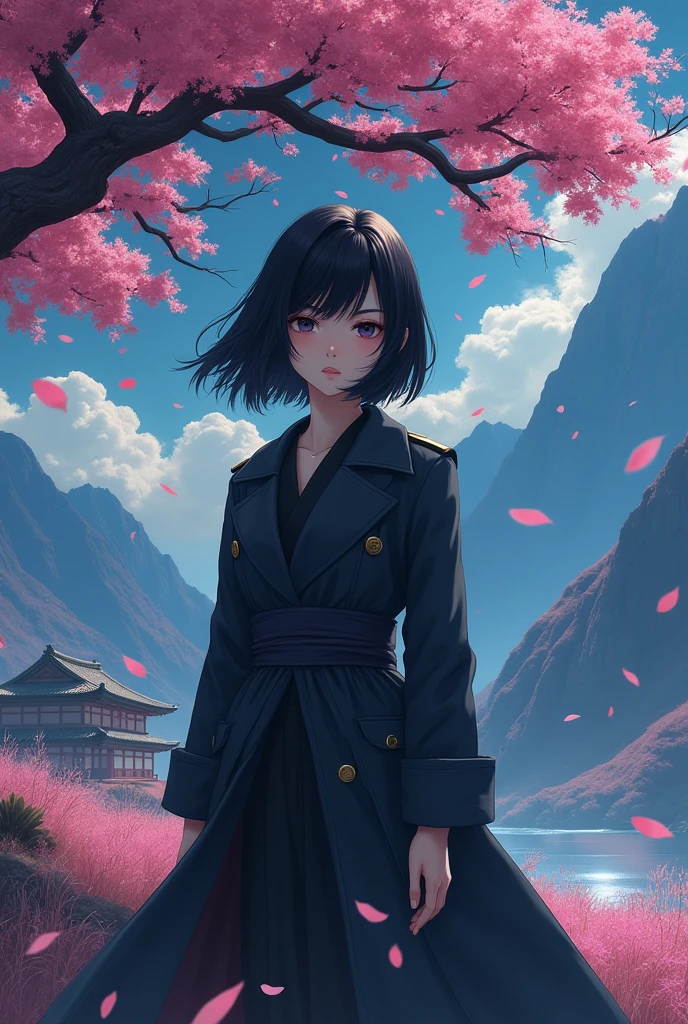 (best qualityer, work of art),(1 girl, miko, trench coat, expression face, eyes black, looking straight ahead ,Bblack hair, going, trunk), (lost night sky, huge old tree behind, falling bright pink petals behind, Sanctuary behind, mountain background, windy blowing, meteoric cloud), huge breasts
