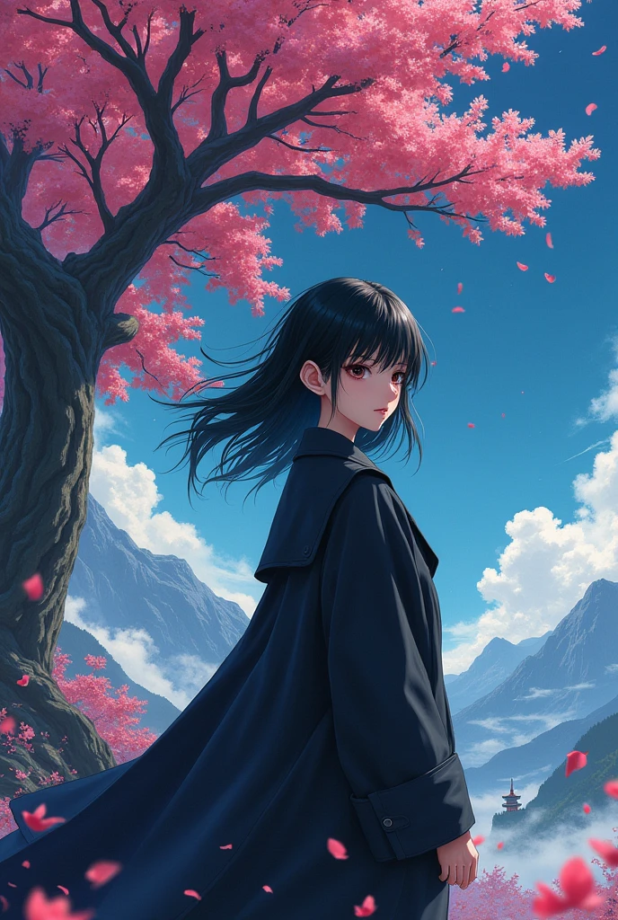 (best qualityer, work of art),(1 girl, miko, trench coat, expression face, eyes black, looking straight ahead ,Bblack hair, going, trunk), (lost night sky, huge old tree behind, falling bright pink petals behind, Sanctuary behind, mountain background, windy blowing, meteoric cloud), huge breasts