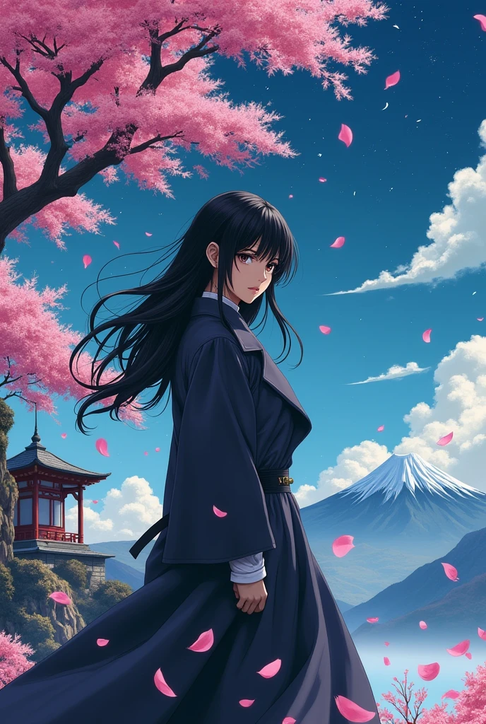 (best qualityer, work of art),(1 girl, miko, trench coat, expression face, eyes black, looking straight ahead ,Bblack hair, going, trunk), (lost night sky, huge old tree behind, falling bright pink petals behind, Sanctuary behind, mountain background, windy blowing, meteoric cloud), huge breasts