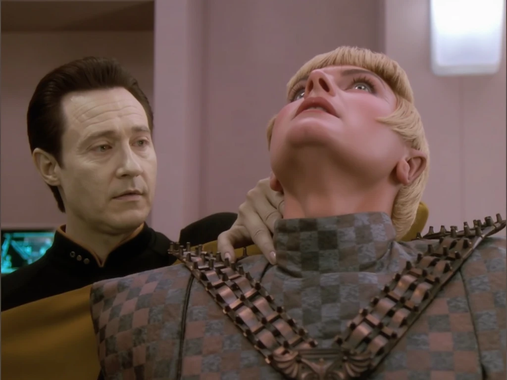 one federation Starfleet anime man pinching a Romulan anime girl