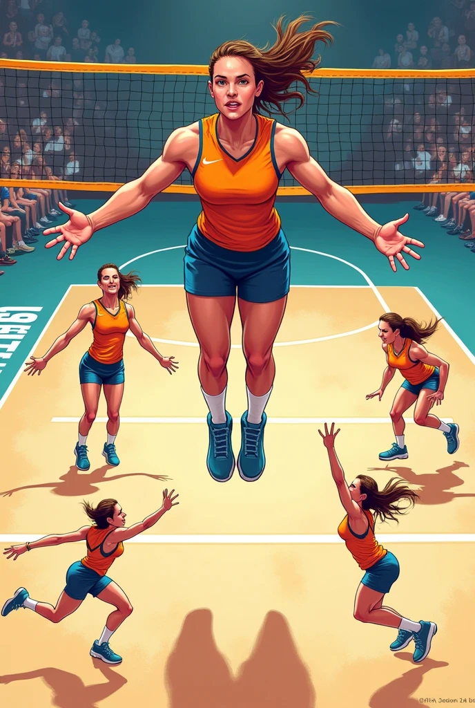 Generate an image showing the step by step of how to do it: The quick approach jump. But for volleyball 