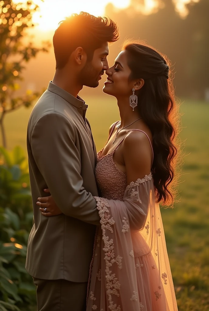 A 21 year odia girl wearing Ruffle spaghetti dress paired with net cape and embroidery kissing her's husband.Realistic