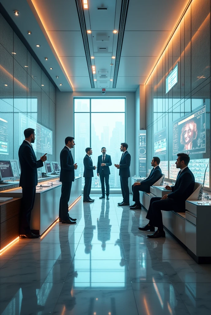 Imagine a large laboratory, glass and marble, sleek, modern, high society, night, old money, futuristic, robotics, hyperrealistic, holograms of people 