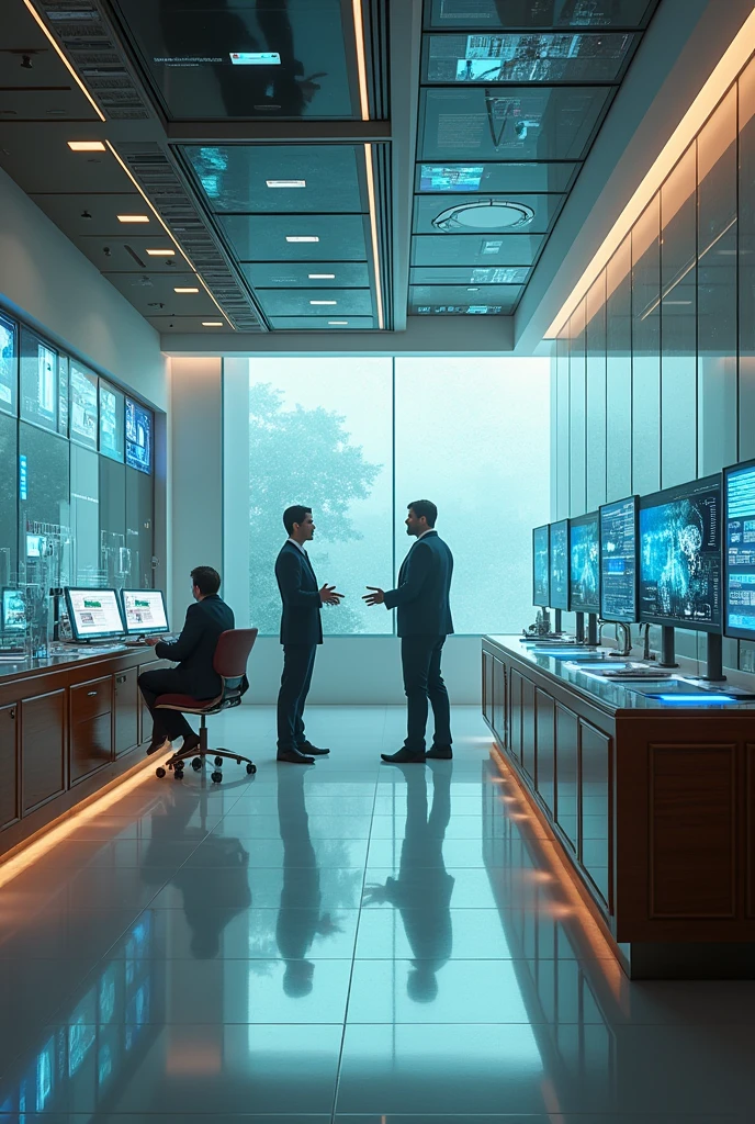 Imagine a large laboratory, glass and marble, sleek, modern, high society, night, old money, futuristic, robotics, hyperrealistic, holograms of people