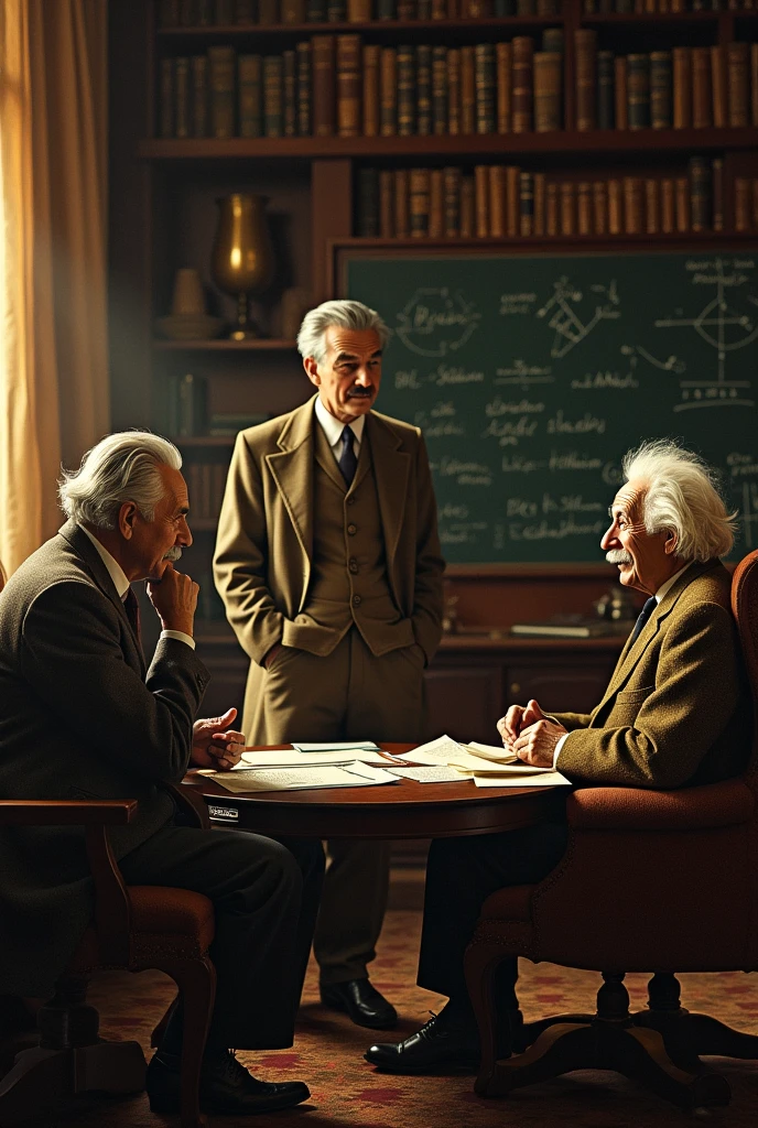 J. Robert Oppenheimer, Alan Turing and Albert Einstein, in a conversational discussion, reflecting.
