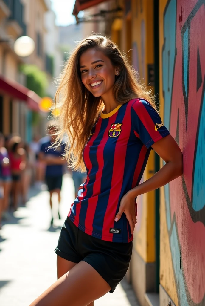 Hot girl with big tits and big ass, with black shorts and the Barcelona shirt