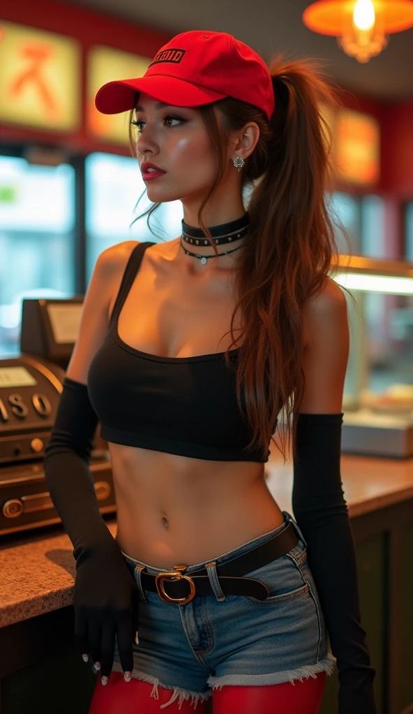 (8k, RAW photo, highest quality), picture of a young woman, PizzaDeliverySivir, long hair, brown hair, ponytail, red hat, choker, black crop top, white shirt, short sleeves, cleavage, navel, denim shorts, belt, black elbow gloves, black fingerless gloves, ((red thighhighs)), in a restaurant, behind the counter, cash register