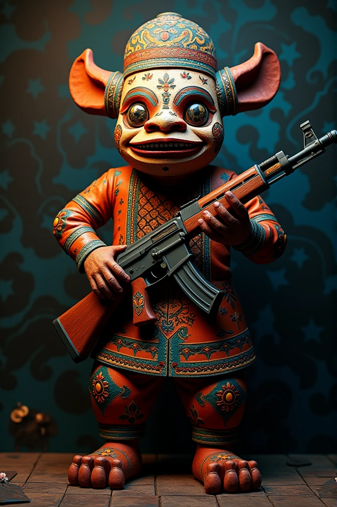 Make a 3D design of a Pandawa wayang golek puppet holding an AK47 with a batik background and a spooky feel