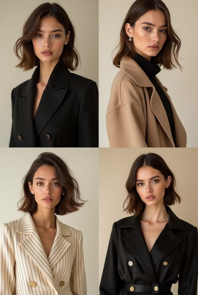 Create 4 poster images for a new fashion collection from N'Lin Store, targeting young women aged 25-30 with a sophisticated and trendy style. The images should be inspired by successful campaigns from luxury brands like Chanel and Gucci. Each poster should feature a different pose and expression from the model, reflecting an elegant and high-class aura. The background and setting should remain consistent across all images to create a cohesive visual identity. The overall tone should be refined and luxurious, with the model's expressions and poses showcasing confidence, poise, and the essence of modern, stylish femininity