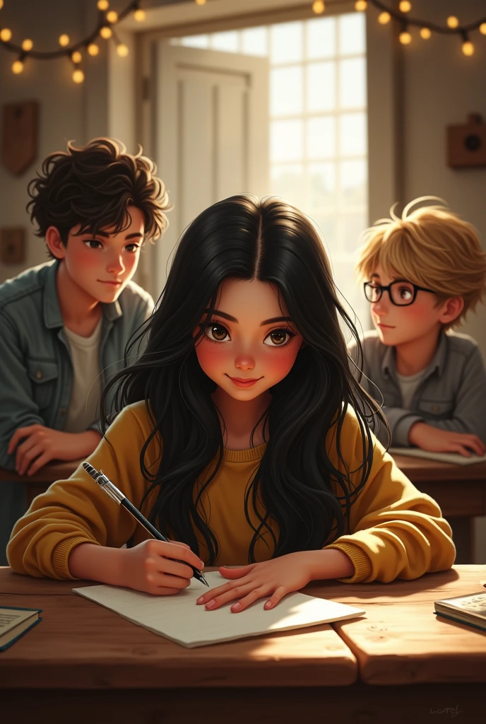 A age girl with long, black hair is writing a love letter, and in the background, two boys are watching.