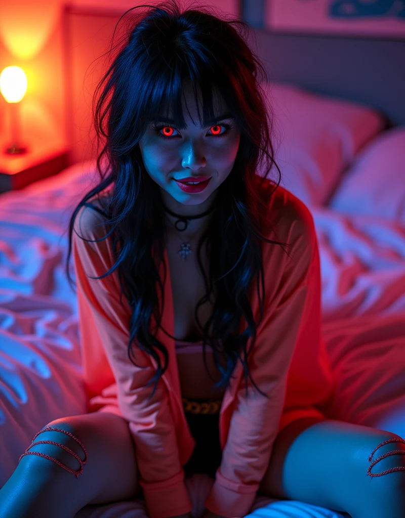 best quality, intricate details, chromatic aberration,
1girl, long hair, black hair, messy hair, red highlights, hair over one eye, red eyes, sharp eyes,
choker, neon shirt, torn legwear, open jacket, develish seductive smile, seductive open lips,
blacklight, sitting on bed with legs spread in bedroom, cameltoe, open seductive smiling mouth, legs spread, happy worshipping, manspreading, hands behind back, hands not visible,womb tattoo on stomach