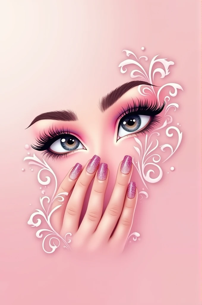 Make me a logo type of beautiful nails, eyebrows and eyelashes with a pink background
