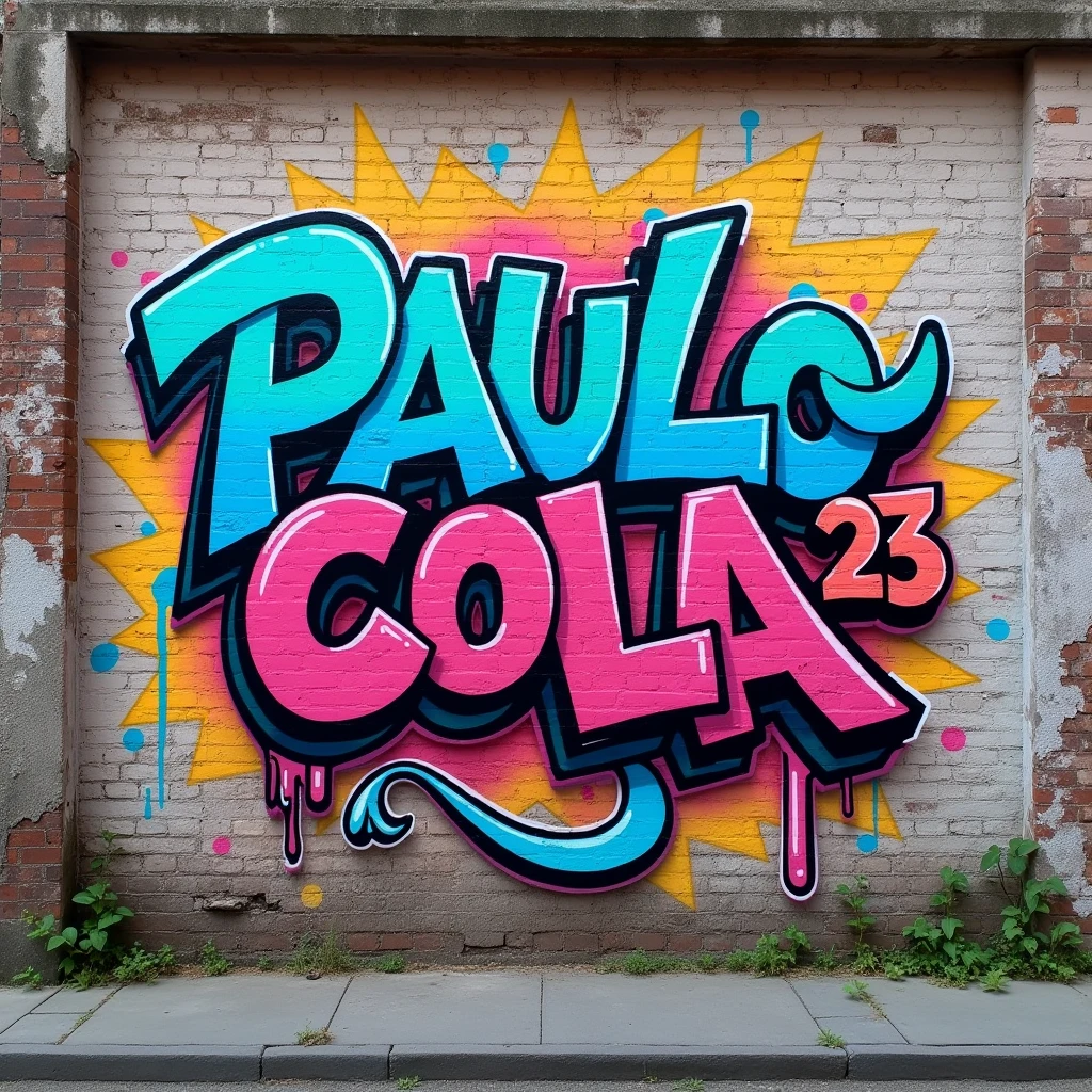 Create an image of the name “Paulo Cola” and the number "23", drawn on a wall. Graffiti style. Fluorescent colors.