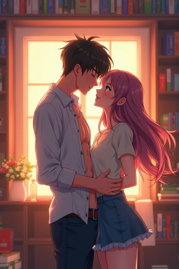 Create a image of boy and girl and both in love romance mood and the girl raise the boy shirt some part and the boy has six pack and the both boy and girl close to eachother they not kissing eachother and the background of the image is in a room and room has some books and some flowervases and the image should be seen as Anime picture 
