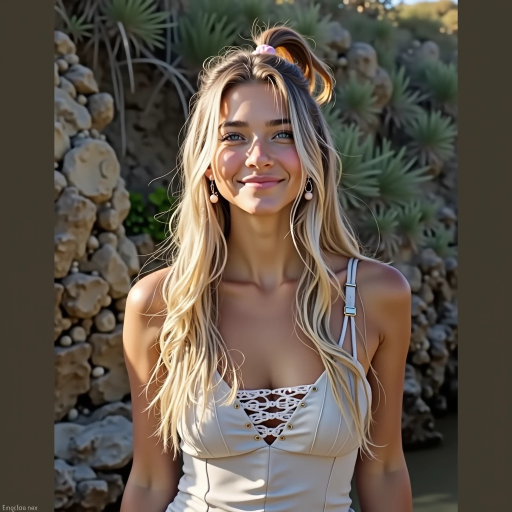 A young woman in the beach  with long dark hair looking at the horizon on the beach with the sun visible in the distance. 1 girl, Alone, Long hair, High resolution, Breasts, Smile, Blue eyes, Masterpiece, 1 girl, Alone, Long hair, High resolution, Breasts, Blushing, Smile, High resolution, Accurate, Anatomically correct, Top quality, Award winning, Long hair, Brown hair, Very long hair, Ponytail, Breasts, Large breasts, Earrings, Close up, Focal length 35mm, Aperture F1.2, Hair ornament, Ribbon, Depth of field, Backlight,