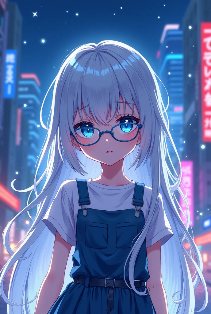 Make a young anime character with blue stunning eyes with white hairs and eyes covered with glasses or cloth 