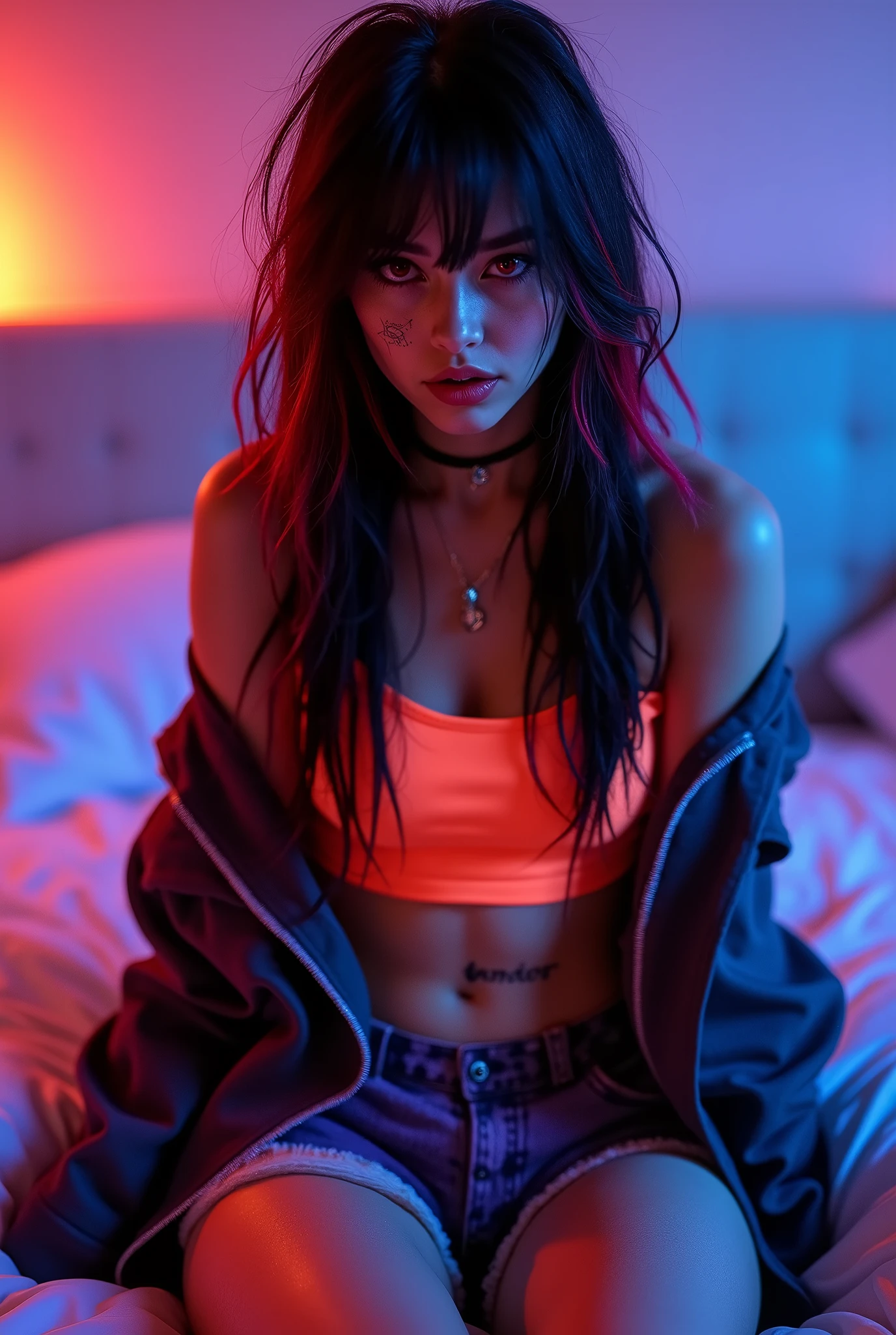 best quality, intricate details, chromatic aberration, 

1girl, long hair, black hair, messy hair, red highlights, hair over one eye, red eyes, sharp eyes, 

choker, neon shirt, torn legwear, open jacket, 
blacklight, sitting on bed with legs spread in bedroom, cameltoe, open seductive smiling mouth, legs spread, happy worshipping, manspreading, hands behind back, hands not visible,womb tattoo on stomach