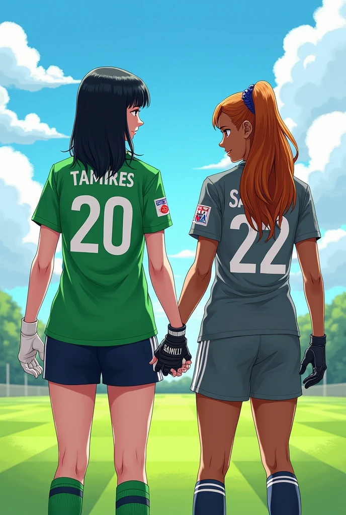 Illustration of two women holding hands with their backs to the image wearing football team jerseys. one with white skin,Bblack hair, smooth and shorter a little below the shoulder, and with the green shirt with number 20 on the back written TAMIRES. And the other with brown skin, straight and long hair, a little taller and wearing a gray shirt with the number 22 with SAMILLY written on it, wearing goalkeeper pants and gloves 