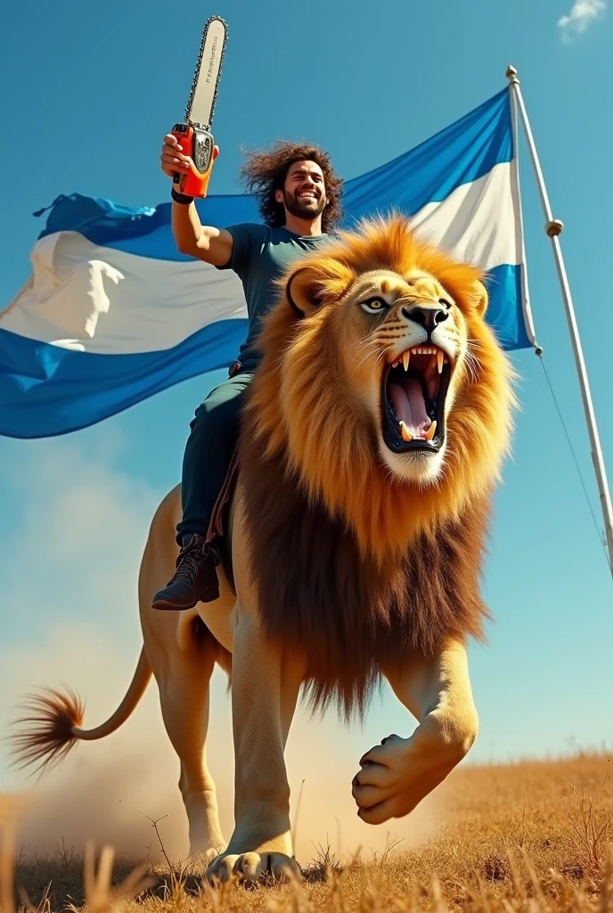 A lion with Milei riding a chainsaw with the Argentine flag in the background 