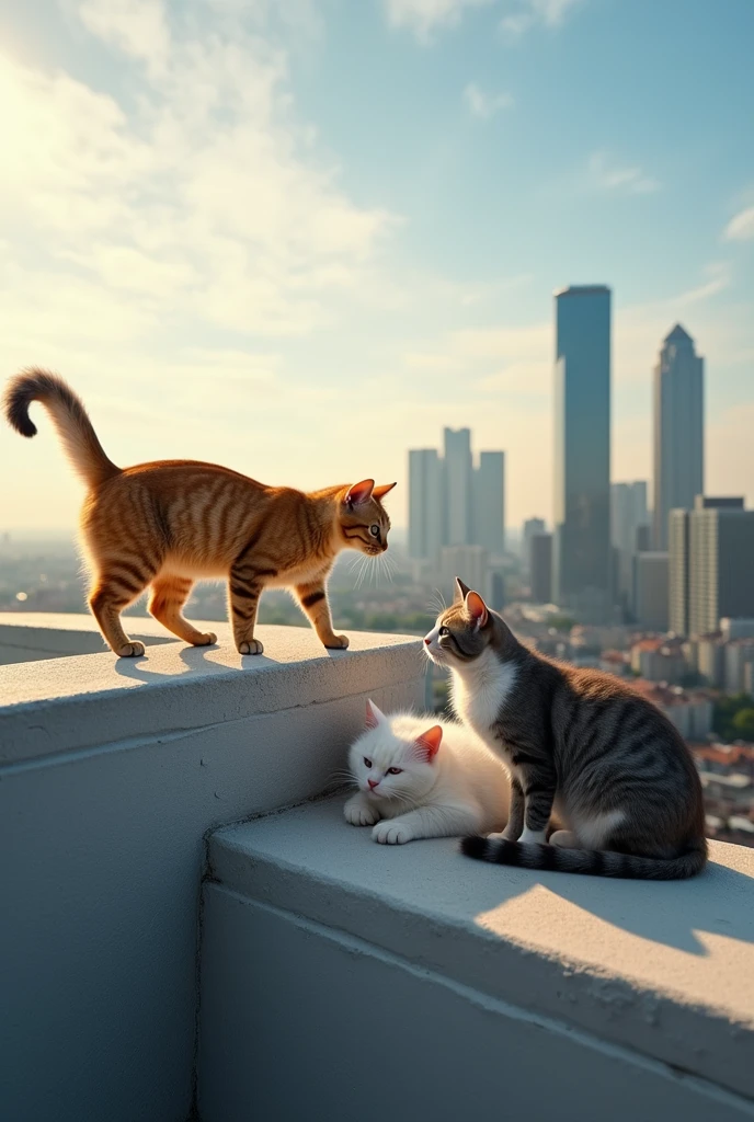 A cat walking on top of a building while two other cats are on the corner of this building. One of these cats is licking the other's head. The image should be in the aspect ratio for a 32-inch widescreen.