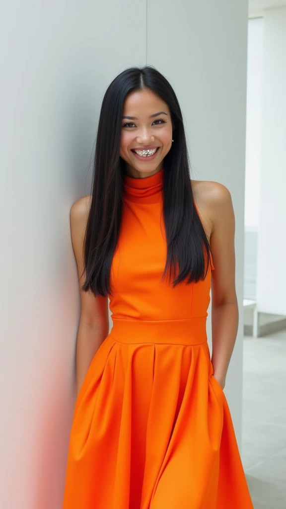 WOMAN ORANGE DRESS, long black hair, the appliance on the teeth, on a white wall