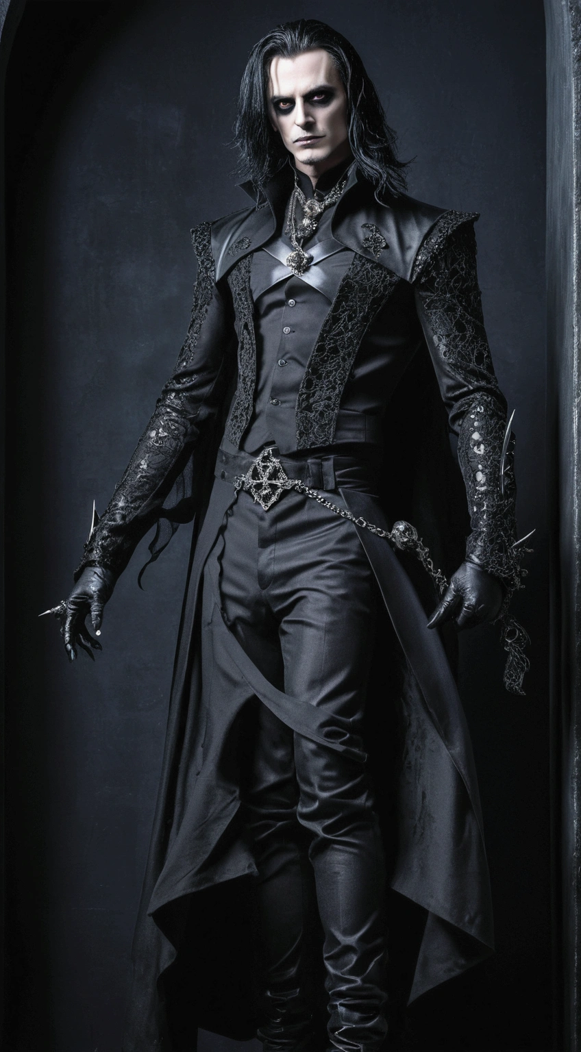 masterpiece, Best quality, masterpiece, Best quality, full body shot, gothic background, Create a striking piece of art featuring an edgy male villain., adorned with a dark and stylish ensemble, with sharp features, intense eyes, and command pose, exuding an aura of malice and mystery, which fascinates and frightens viewers, phenomenal aesthetics, luxurious work of art,