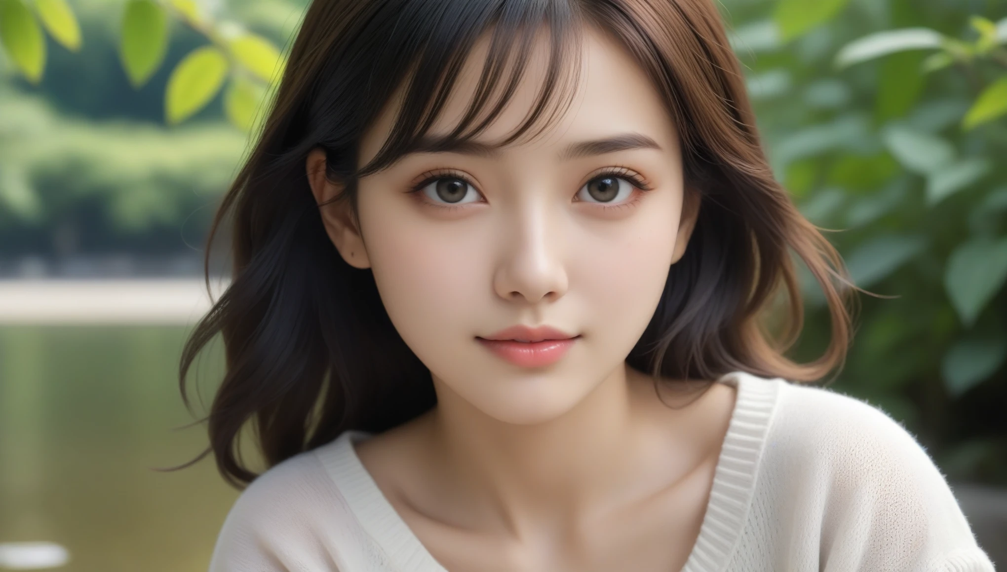 8k, Ultra-high resolution, Highest quality, masterpiece, 三分割法によるphotograph,Surreal, photograph, 1 Girl, (:1.3), pretty girl, Cute Face, 細部までBeautiful Eyes, 細かくdetailedに,masterpiece,One Girl:1.2,Japanese women,Young Wife,upper body,smile,Black hair,Wavy bob,(White summer knitwear:1.3),necklace,wood々Inside,Lakeside,Summer sunshine,wood漏れ日,(Beautiful attention to detail),Subtle details, detailedな顔, smile,attractive,(のポートレートphotograph:1.4),(Photorealistic images:1.4),Fantasy art,(Beautiful Face:1.4),美しくattractive目、Beautiful Eyes、(Tight waist:1.4)、(Beautiful with perfect body proportions:1.4),Pink Lips,Looking at the audience,(((Ideal body type))),A-cup small breasts :2,、Portraiture:2、Perfect Anatomy、鮮明なdetailed、detailed,Fashion magazine cover,Thin lips,完璧でBeautiful Face ,完璧でCute Face, Skin with attention to detail, Perfect limbs、Narrow waist,Surreal,Light and shadow,dappled sunlight