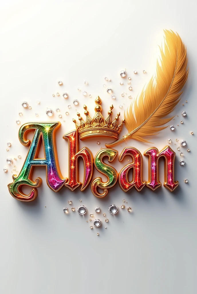 A mesmerizing 3D digital art masterpiece that captivates the viewer with its intricate design. The name,,Ahsan,, is prominently displayed in a striking font, adorned with a luxurious golden crown. A flowing feather gracefully follows behind, adding to the design's visual appeal. The name glows in vibrant colors such as gold, red, deep blue, pink, green, and purple, enhancing its breathtaking beauty. Warm silver lighting illuminates the design, creating depth and dimension, and delicate diamonds are strategically placed for added glamour. The pristine white background highlights the name, transforming the design into a truly fascinating piece. With its cinematicposter-like quality, this extraordinary work of art masterfully blends elements of dark fantasy, and 3D rendering, typography, and 3D rendering., architecture, typography