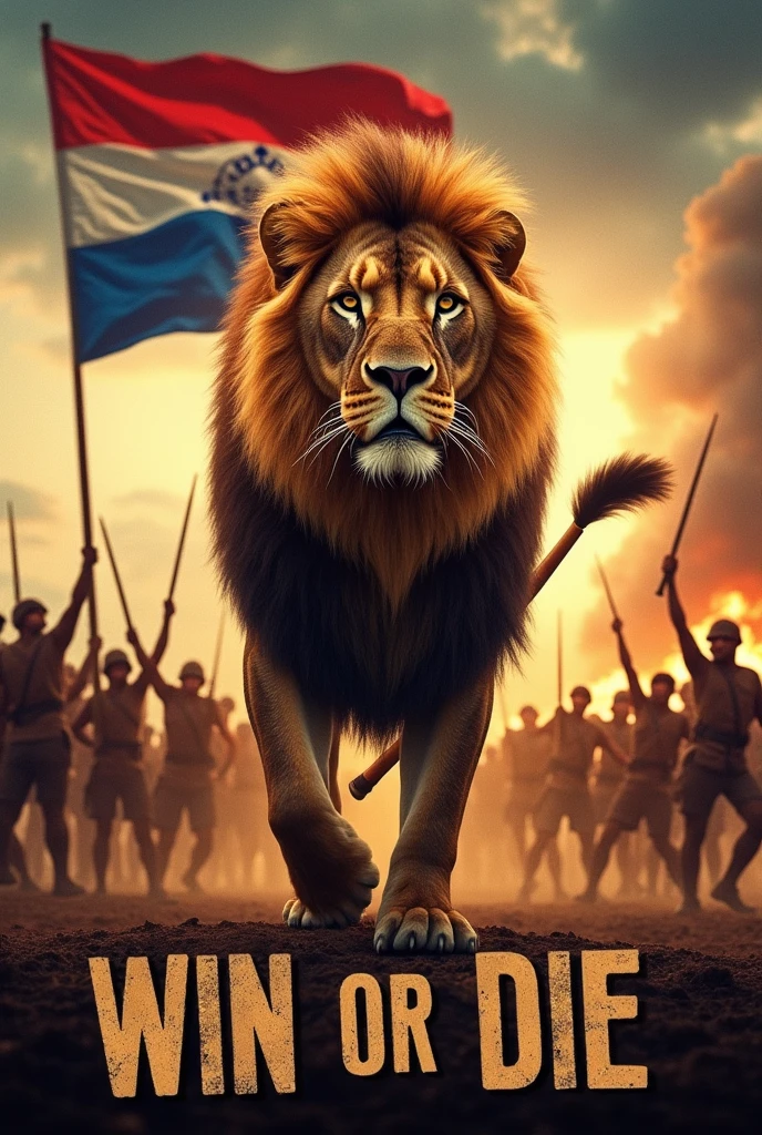 Create an image of Paraguay at war, saying 'Victory or Death' with a roaring lion., that has written WIN OR DIE, and the Paraguayan flag