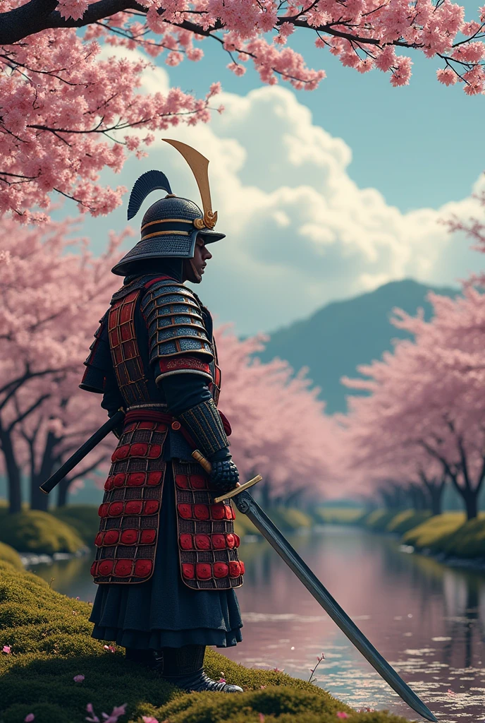 a samurai warrior in a japanese garden, katana sword, detailed armor, red and gold color scheme, cherry blossom trees, tranquil pond, detailed clouds in sky, detailed foliage, dramatic lighting, cinematic composition, hyper realistic, 8k, photorealistic, intricate details, masterpiece