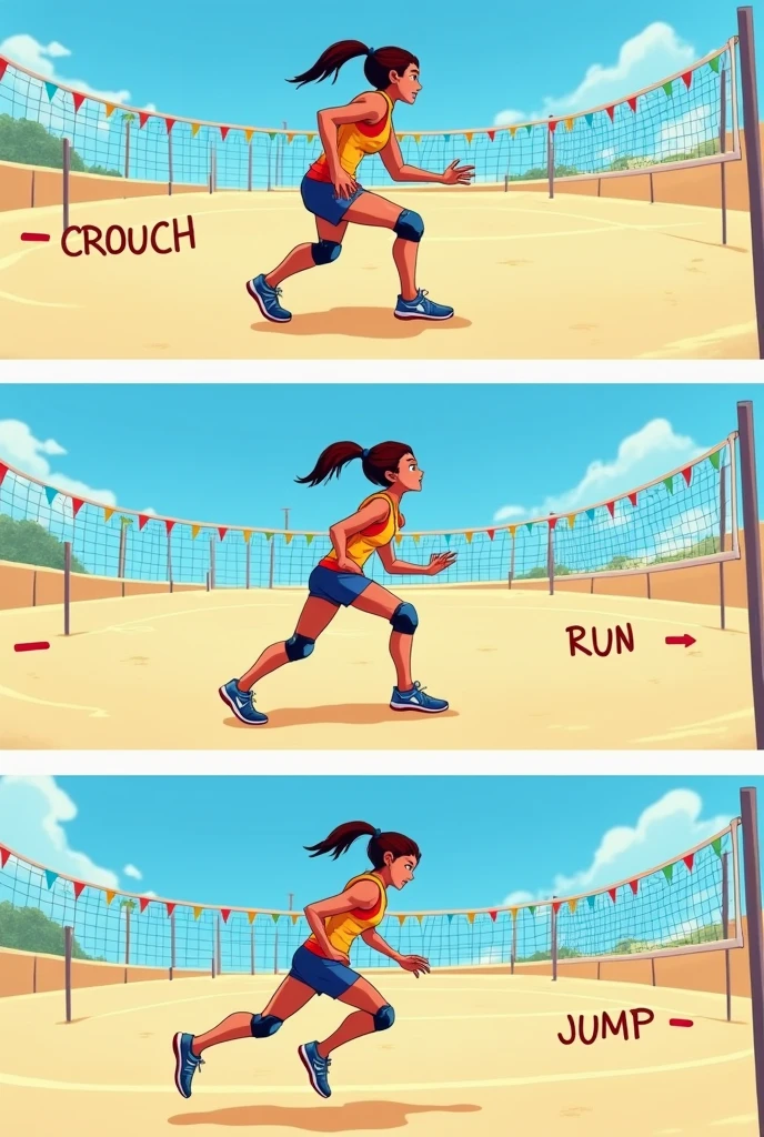 Generate an image showing the step by step of how to do it: The quick approach jump. But for volleyball. And put a person demonstrating just from the side