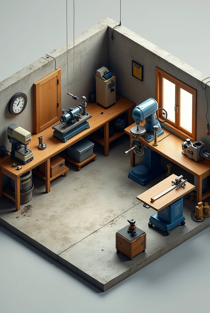 a isometric view image of a 2.5D machine shop with drill press, lathe, milling machine, and table saw. Concrete floor.