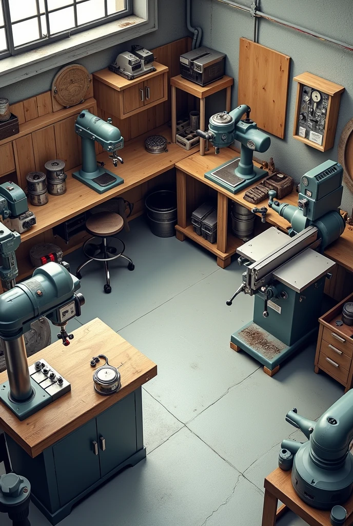 a isometric view image of a 2.5D machine shop with drill press, lathe, milling machine, and table saw. Concrete floor.