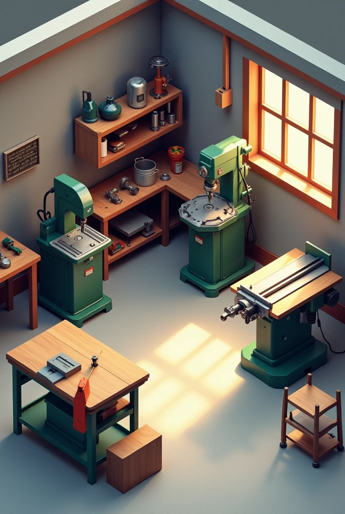 a isometric view image of a 2.5D machine shop with drill press, lathe, milling machine, and table saw. Concrete floor.