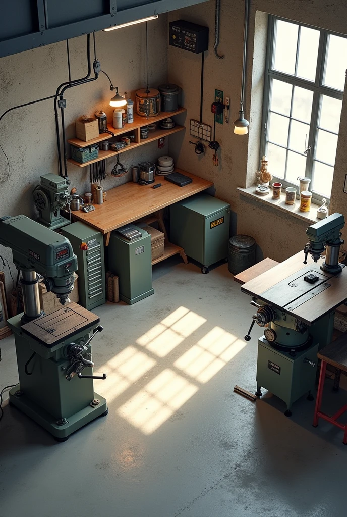 a isometric view image of a 2.5D machine shop with drill press, lathe, milling machine, and table saw. Concrete floor.