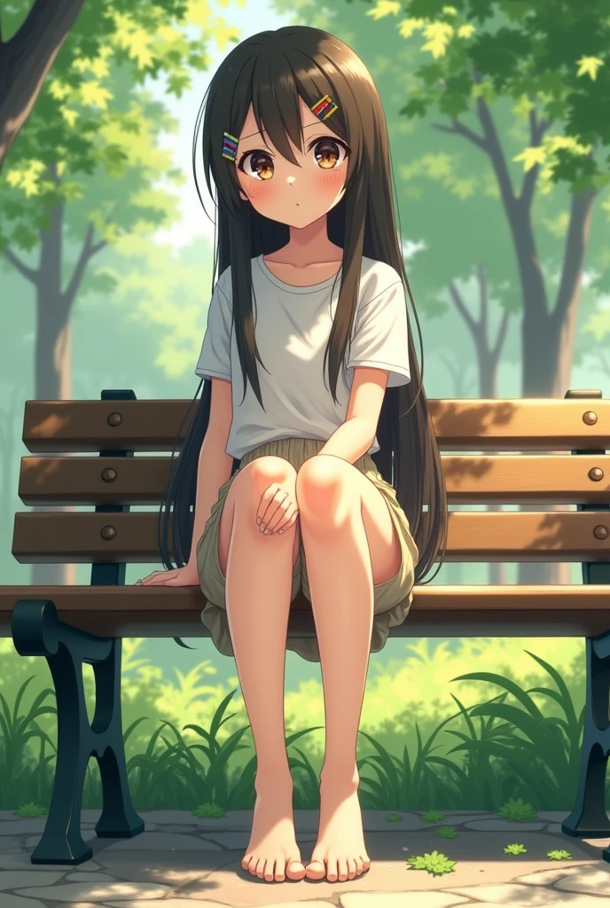 master piece, Best Quality,( Japan girl:1.5),(Looks like you're about to cry:1.3) ,(M-shaped legs spread on a park bench:1.8),(Summer clothes and hairpins for  high school:1.8),Brown eyes,(Small:1.7),(Smooth straight hair:1.5),(Slender body,Skinny Legs),A detailed eye,Very white skin,Letting down your bangs,Detailed body,Detailed hand,No makeup, Smile,