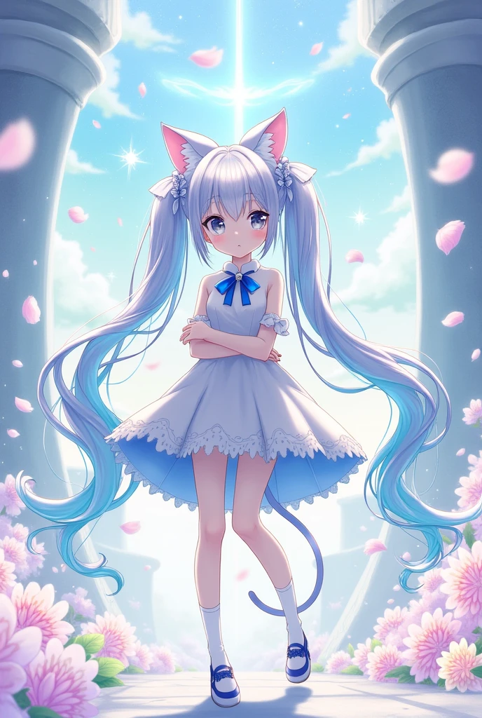 (work of art, best qualityer, high resolution: 1.2), 1 girl, standing alone, twintails, grey-eyed, trunk, don, silver hair, breasts big, Cat's ears