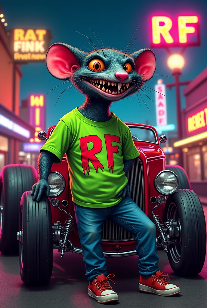 Create an illustration of Rat Fink, a grotesque and rebellious-looking anthropomorphic rat. He should have bulging eyes, sharp teeth and a manic grin. Wearing a green T-shirt with the letters 'RF' in red on the chest, with his tongue hanging out and holding a gear shift lever. He should be next to an exaggerated hot rod car, with chrome details and wide tires, in a nighttime setting illuminated by neon signs. A arte deve capturar um estilo underground, with vibrant colors and a touch of 1960s rebellion."